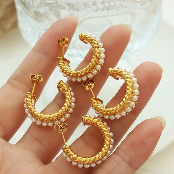 Pearl Vintage Woven C-Shape‎ Hoop Earrings 18K Gold Plated Stainless Steel - Picture 8 of 12